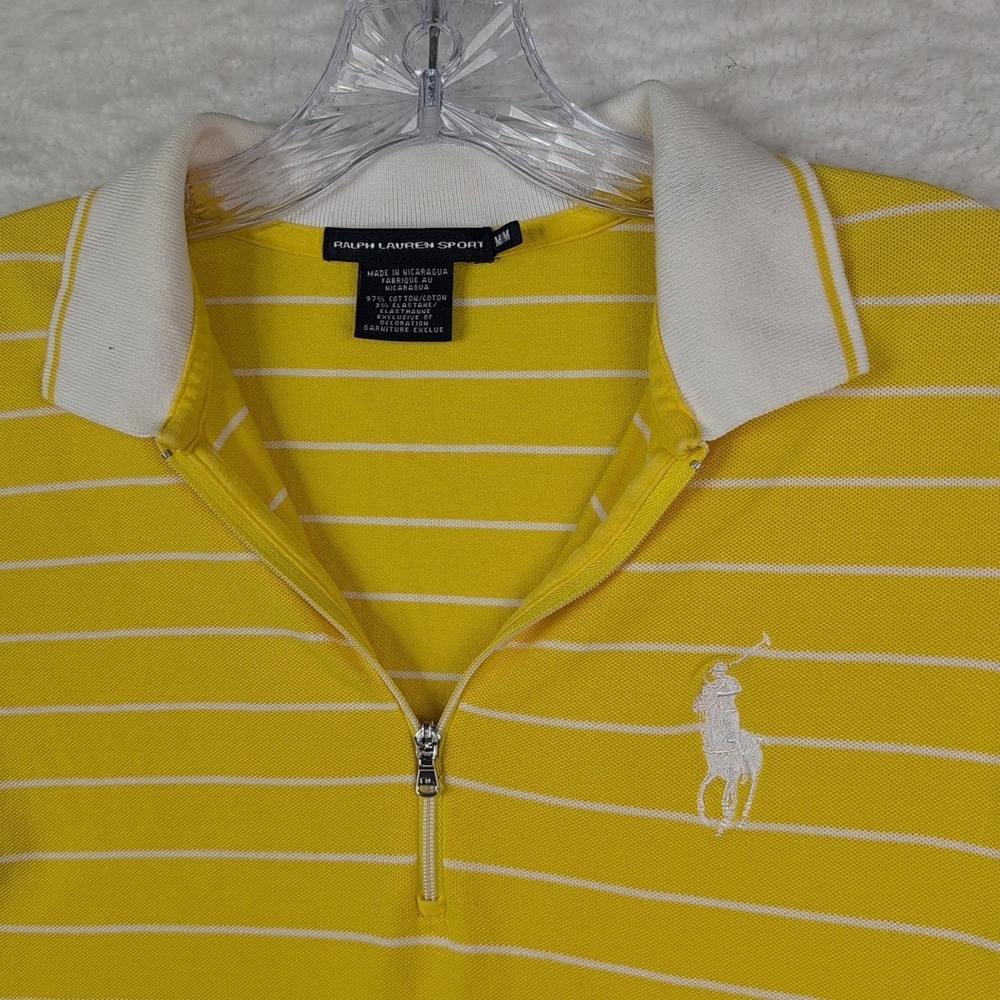 Ralph Lauren Sport Polo Shirt Women's Medium 1/4 Zip Yellow Striped Big Pony - Picture 2 of 8